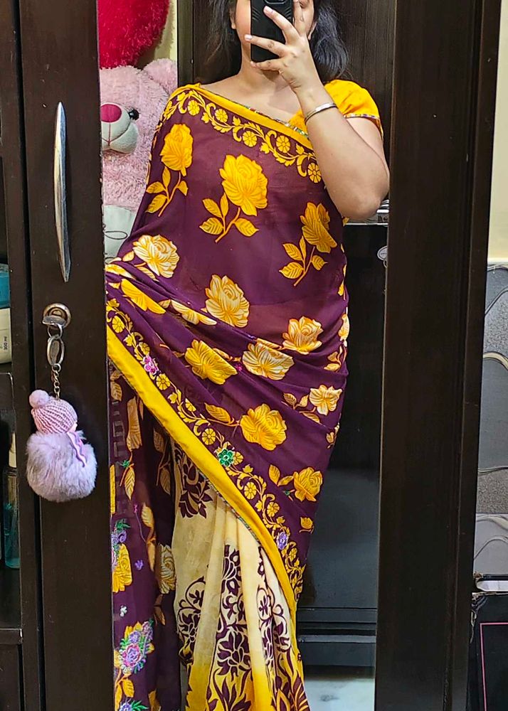 Floral Print Purple &amp; Cream Saree
