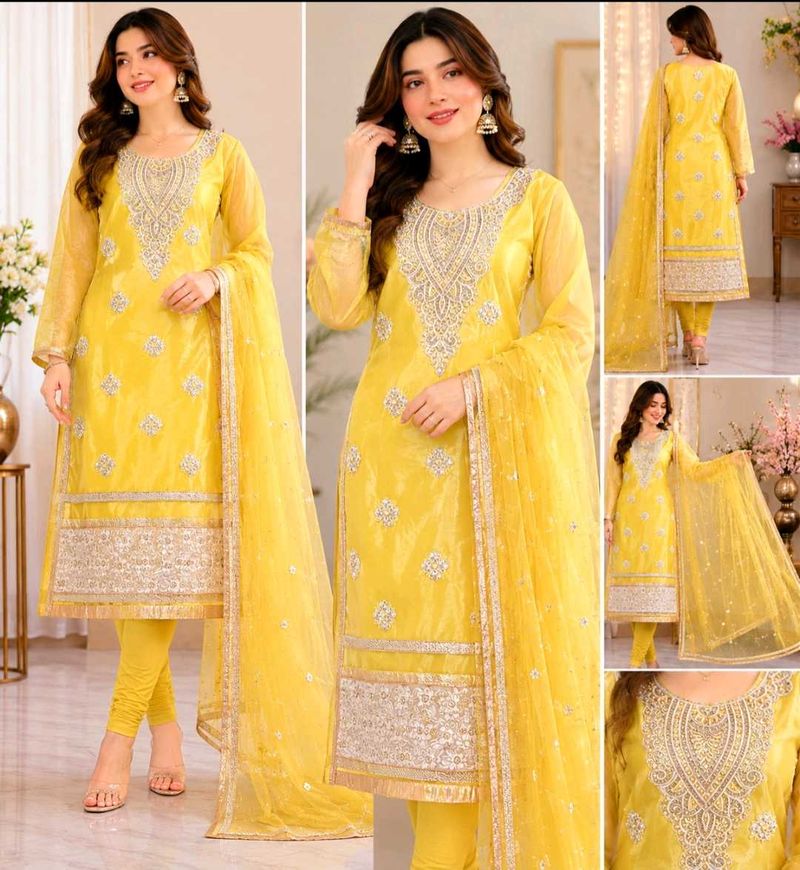 Elegant Yellow Embroidered party wear Kurta Set