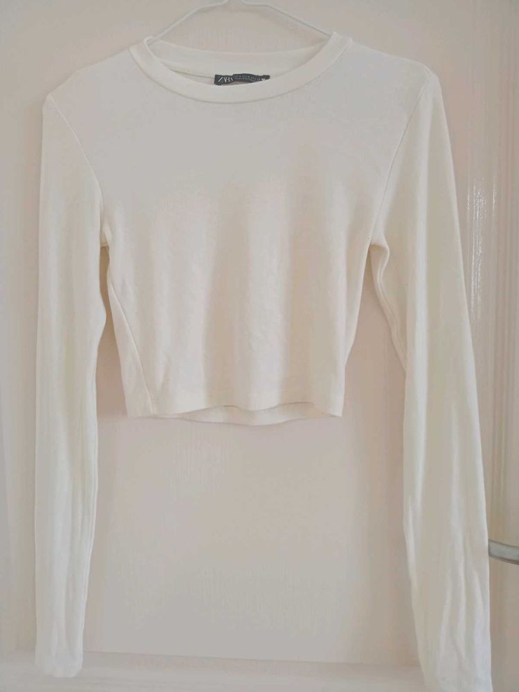 Zara White Long Sleeve Crop Top