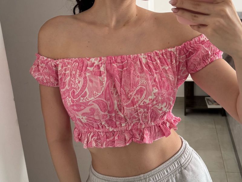 HWW crop top, summer print, pink, S size