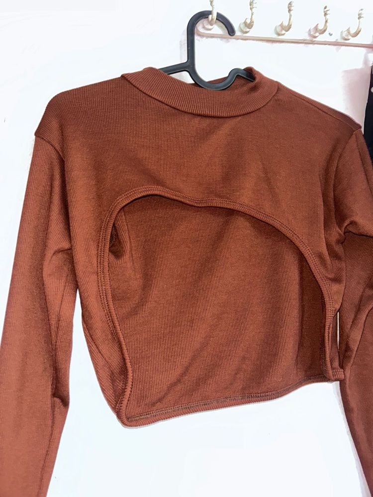 Brown Cut-Out Long Sleeve Top