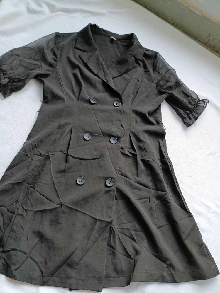 Chic Black Double-Breasted Sheer Sleeve Dress