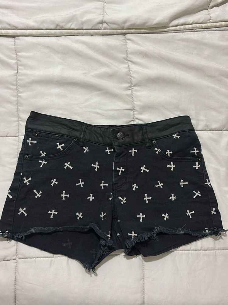 Black Cross Print Denim Shorts
