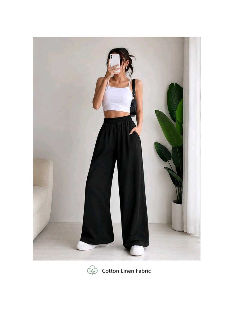 New Black Wide Leg Cotton Linen Pants
