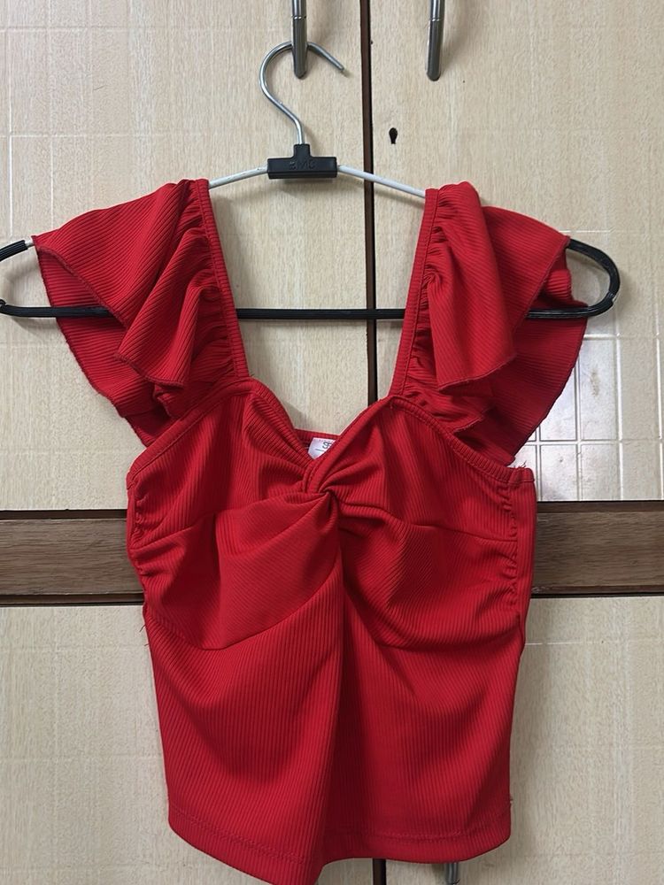 Red Ruffle Detail Crop Top