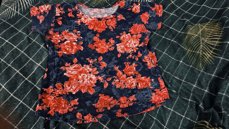 Blue Floral Print Short Sleeve Top