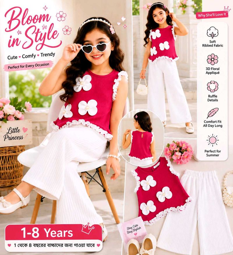 Girls Premium Ribbed Co-Ord Set | Cute Flower Appl
