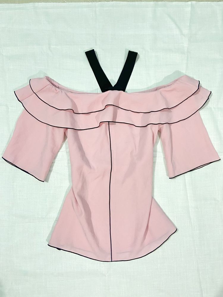 baby pink Off-Shoulder Ruffle Top