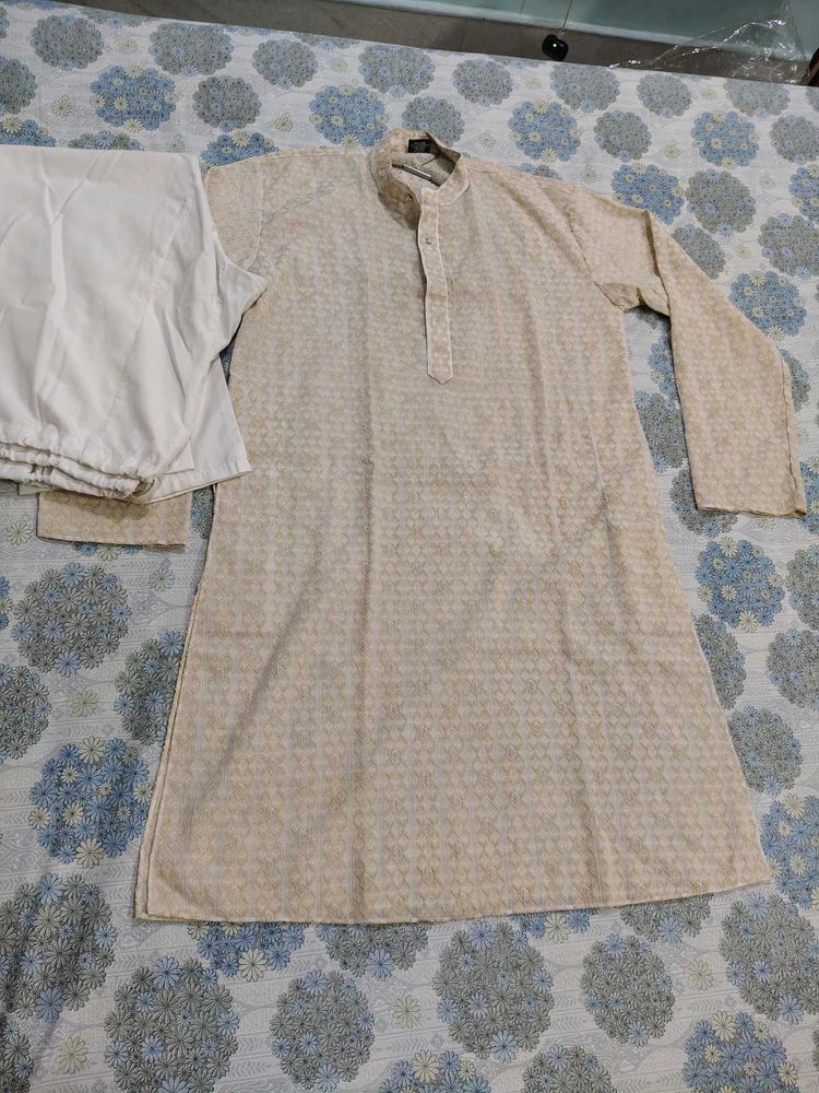 Men's cream golden Kurta Set