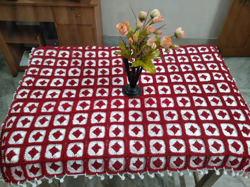 Handmade Crocheted Table Cover - Red &amp; White