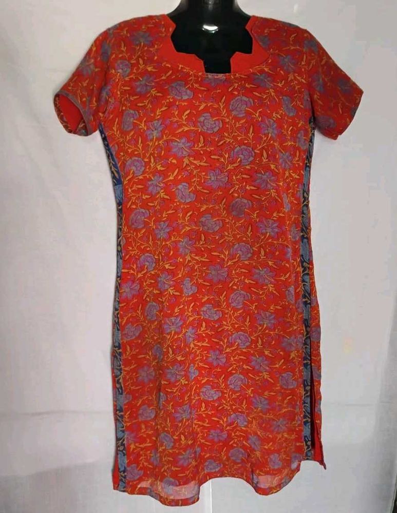 Floral Print Orange Kurta and Blue pant