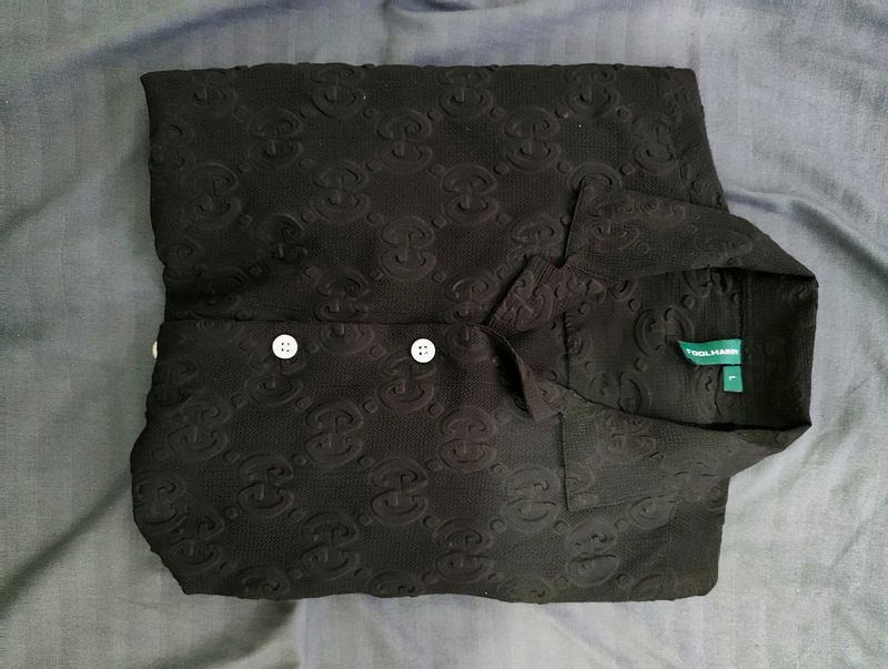 Black Embossed Button-Up Shirt