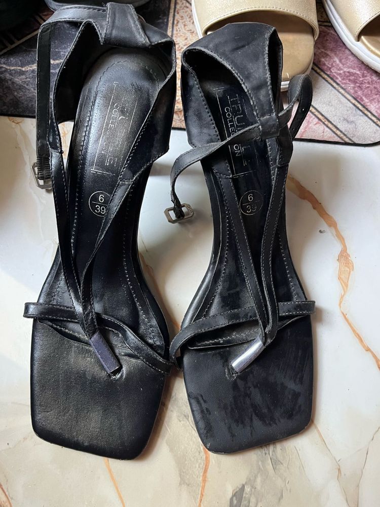Black Strappy Square Toe Heels