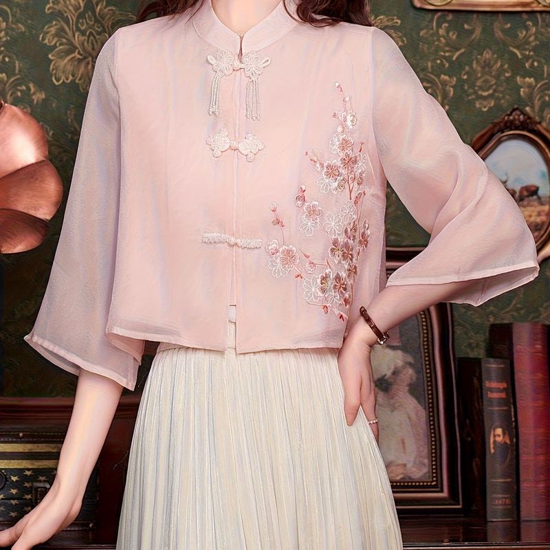 Elegant Pink Embroidered Mandarin Collar Blouse