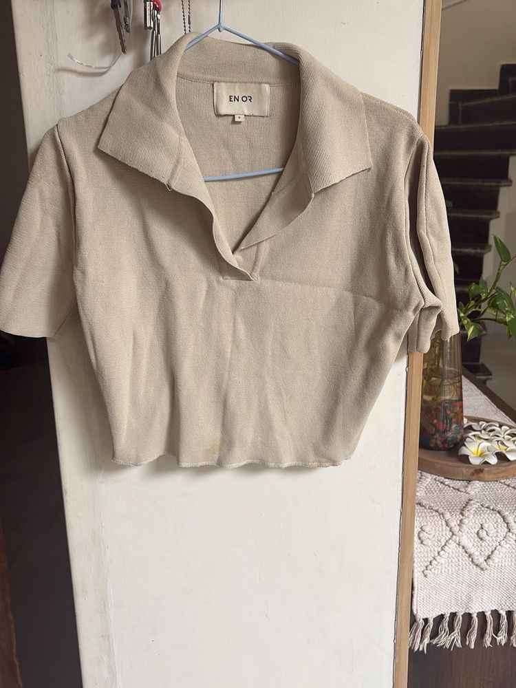 Beige Collared Cropped Top