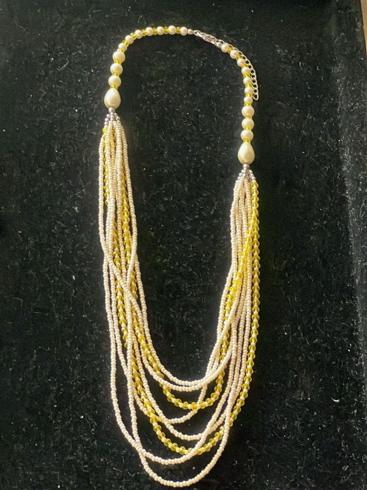 Multi-strand Pearl and Yellow Bead Necklace