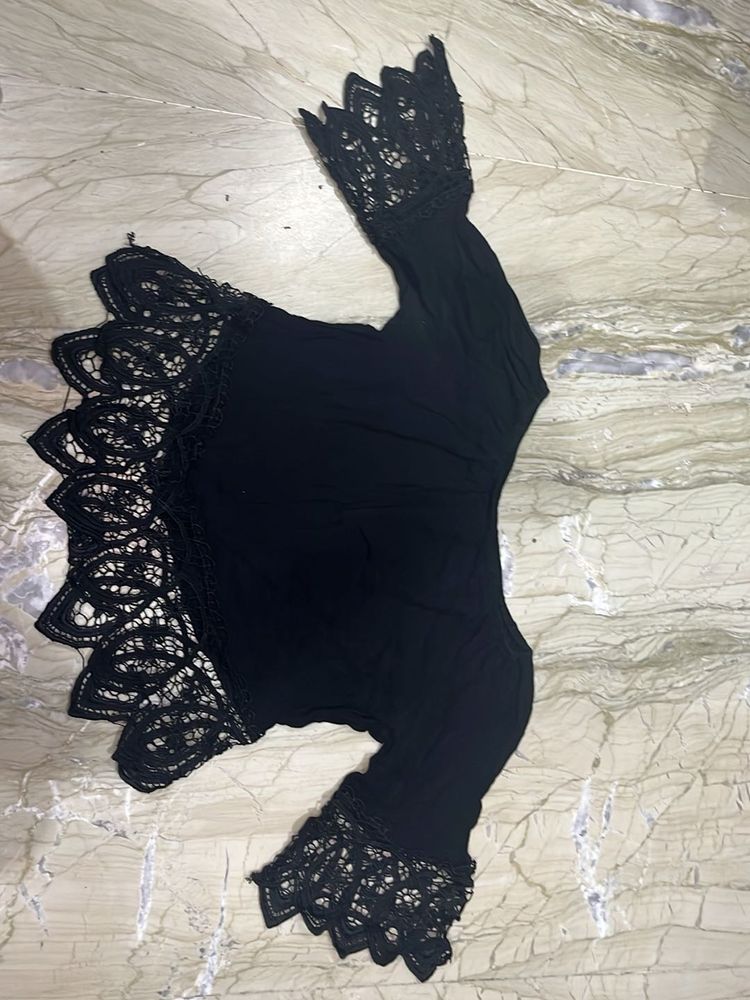 Black Lace Trim Bell Sleeve Top