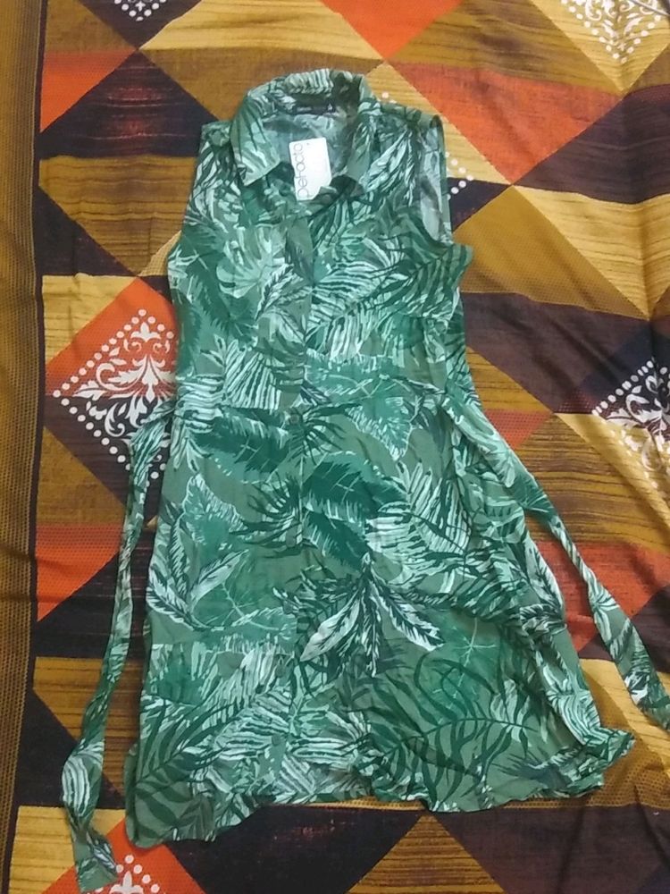 Defacto Green&amp;white Tropical Print Shirt Dress