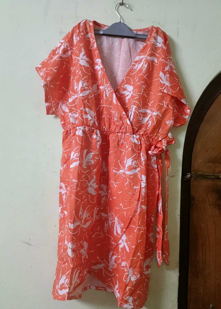 Coral Wrap Dress with White Floral Print