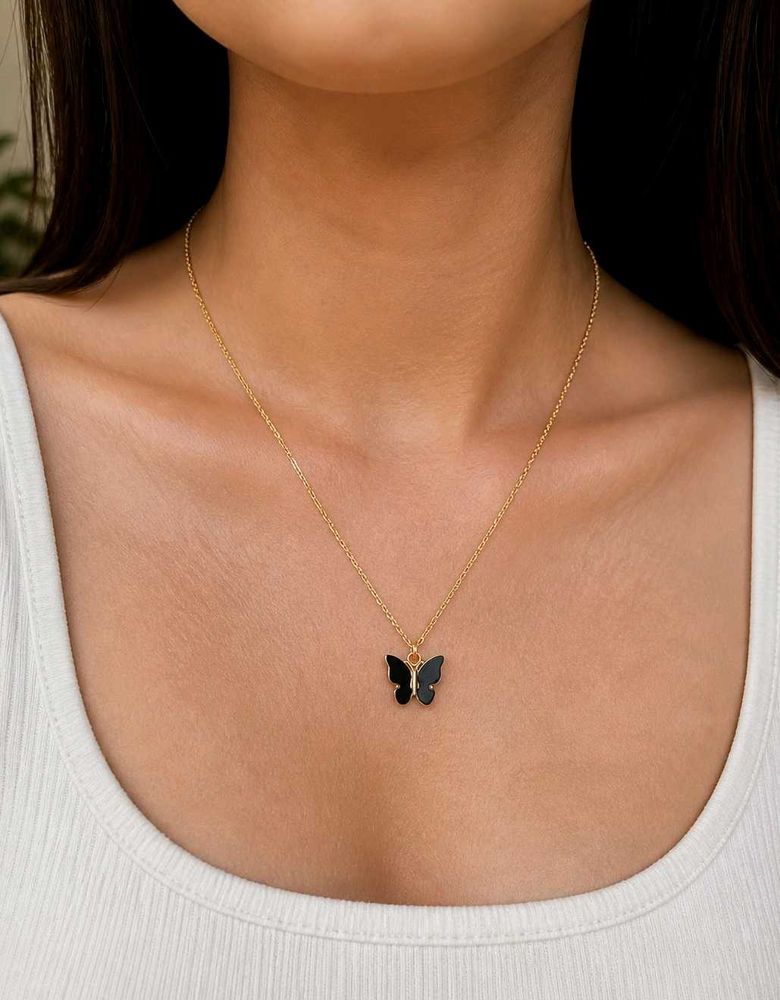 Elegant Gold Tone Black Butterfly Pendant Chain |