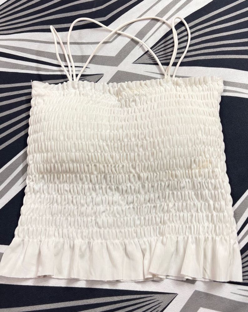 Smocked Ruffle Spaghetti Strap Crop Top