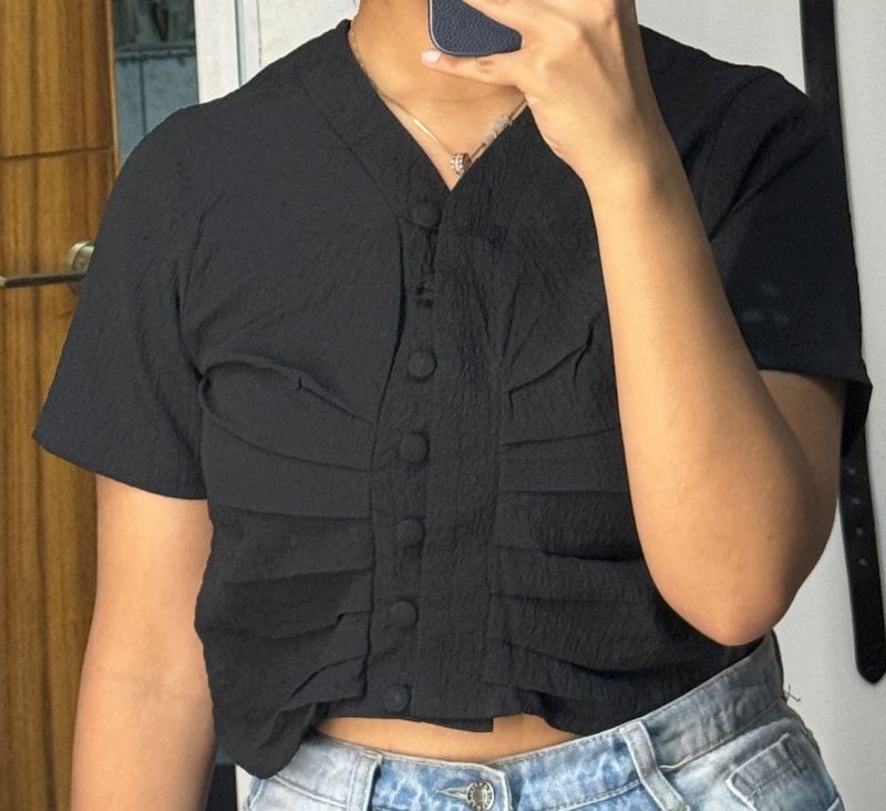 Black Textured Button-Up Top