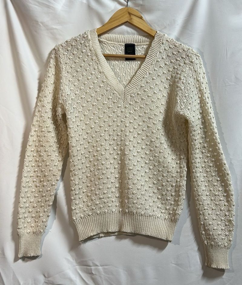 Cream Textured V-Neck Sweater