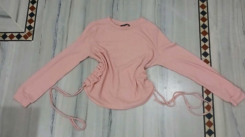 SHEIN Pink Ribbed Ruched Tie-Side Full Sleeve Top