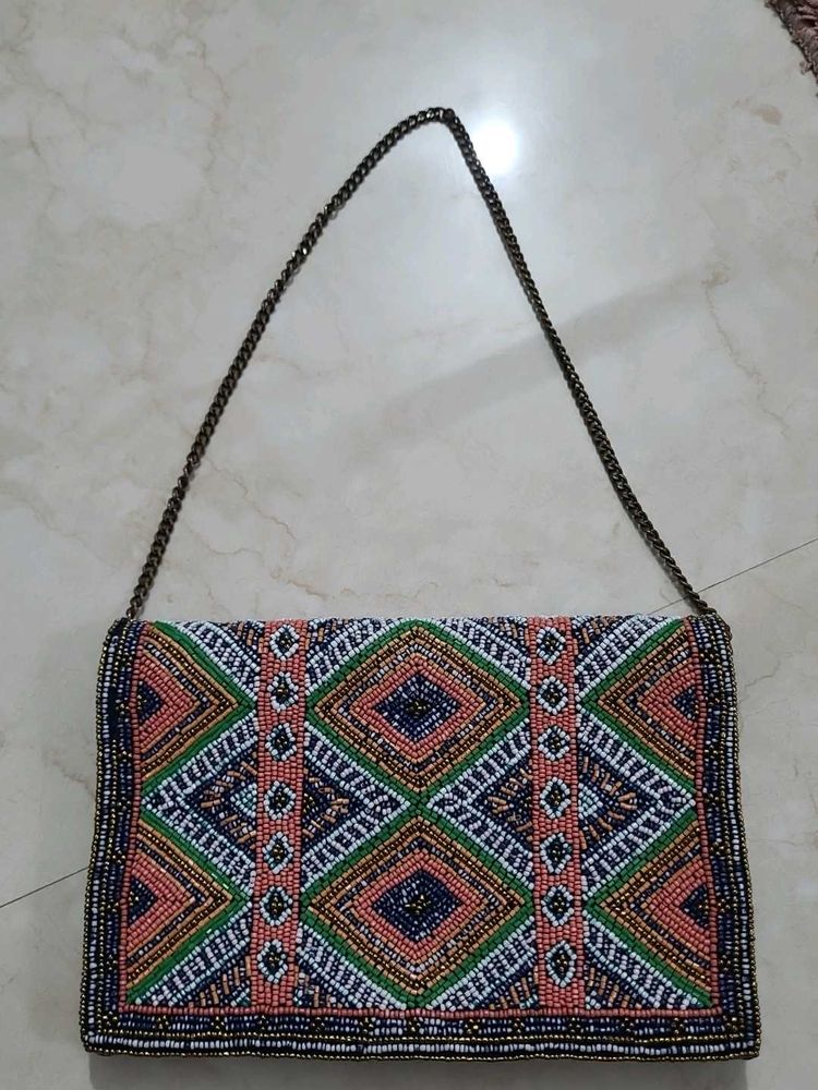 Exported Beaded Ethnic Clutch with Chain