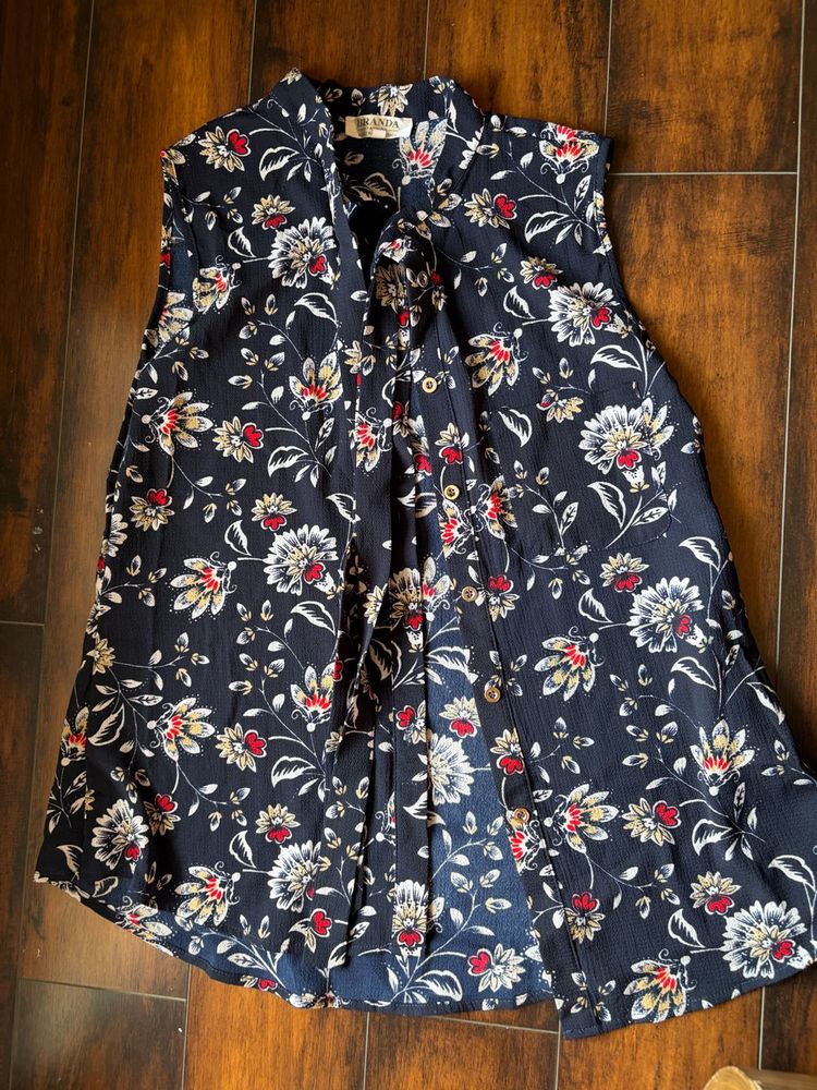 Sleeveless Dark Blue Floral Top