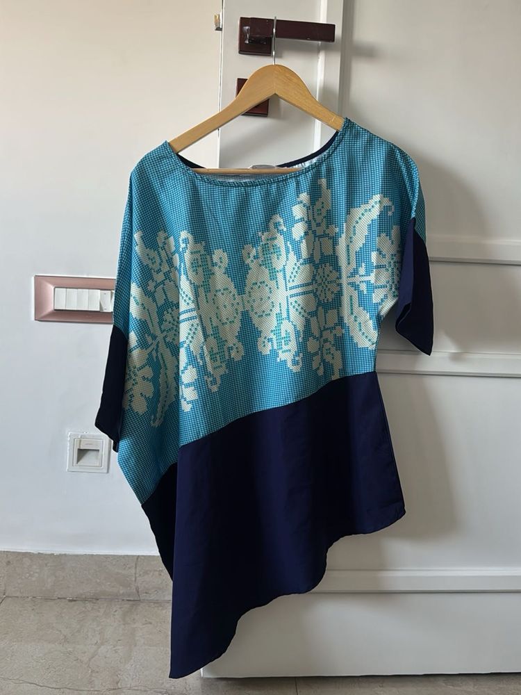 One shoulder Blue Asymmetrical Tunic Top