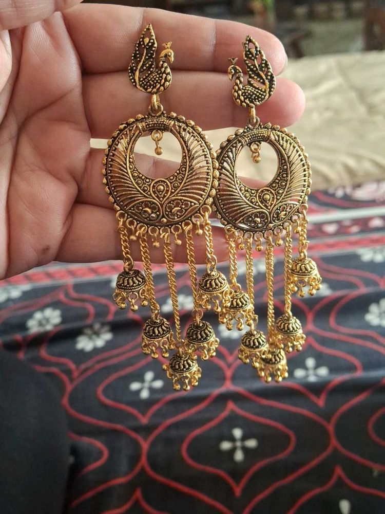 Antique Gold Peacock Jhumka Earrings