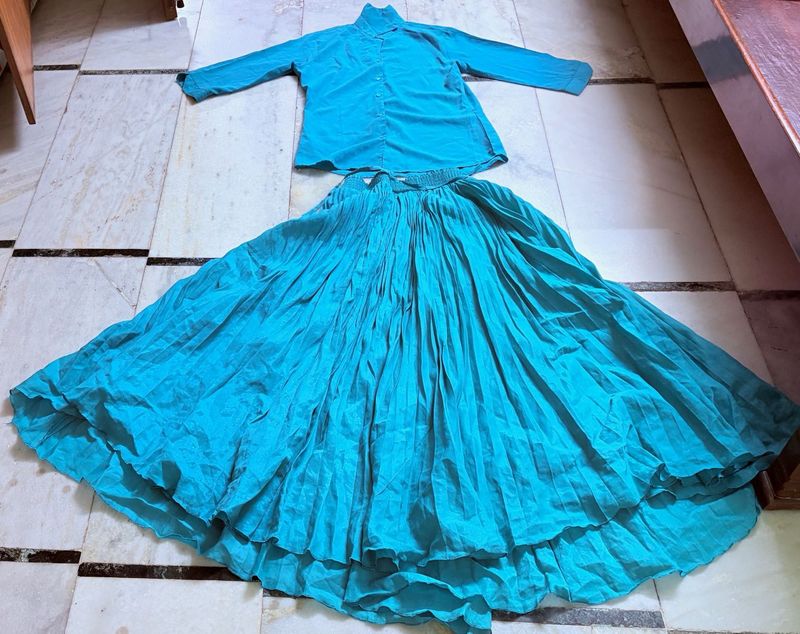 turquoise blue long flared skirt &amp; matching shirt