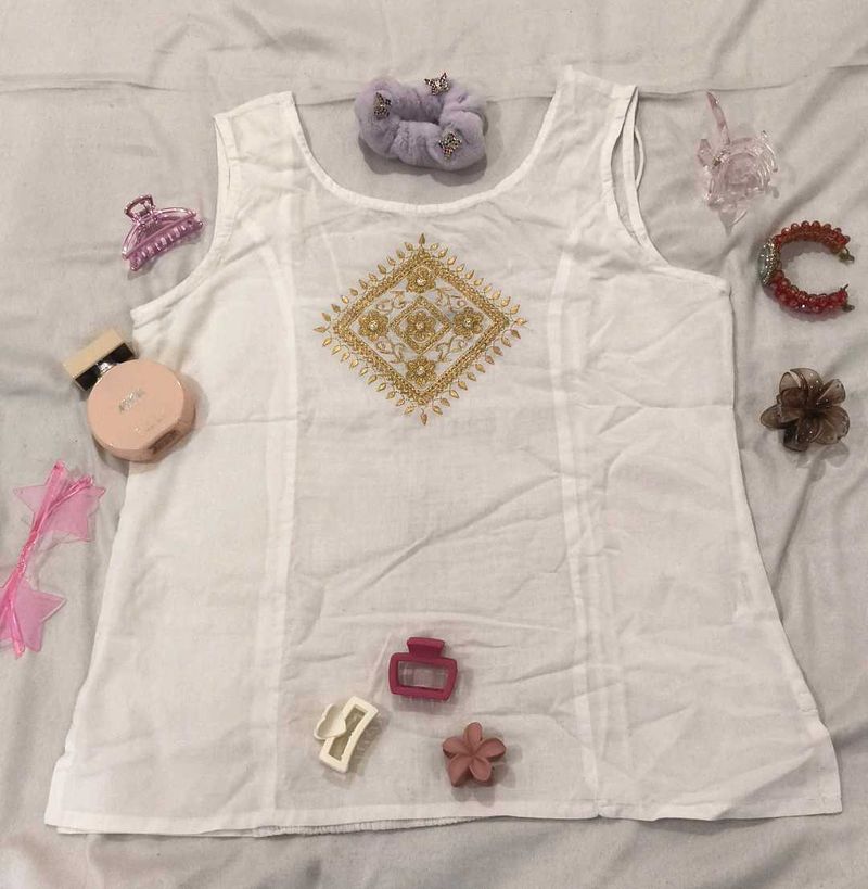 White Embroidered Tank Top