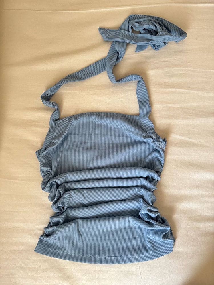 Cute Blue Ruched Halter Top