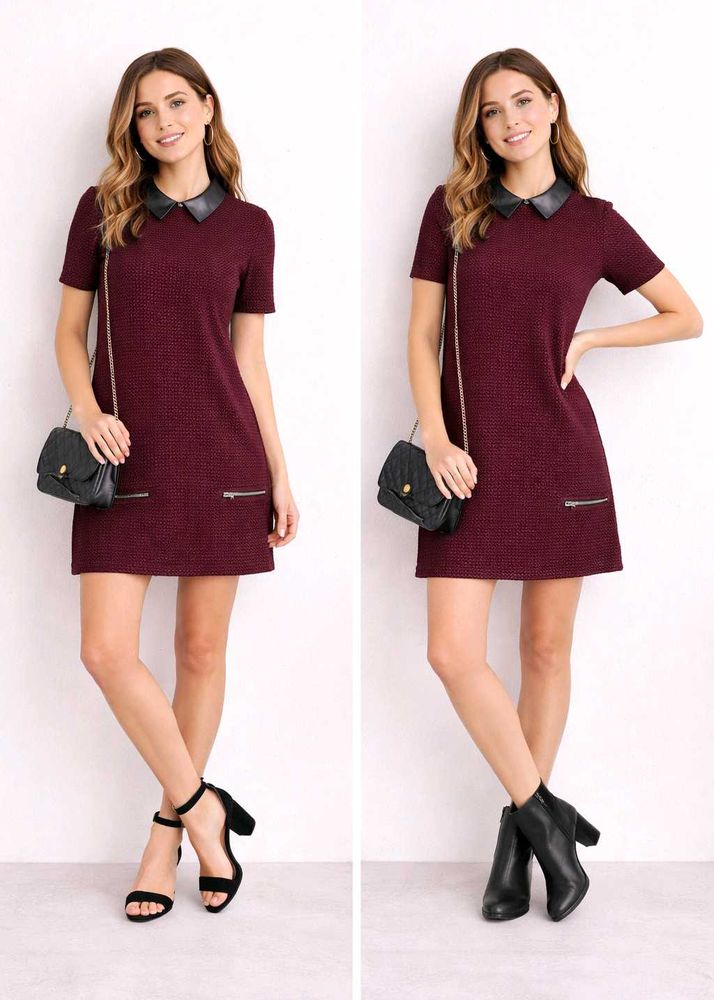 Chic Burgundy Textured Dress with Faux Leather Col