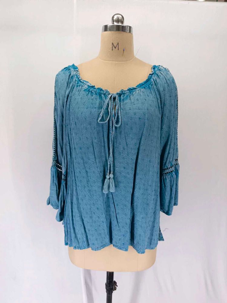 Blue Boho Tassel Tie Neck Blouse