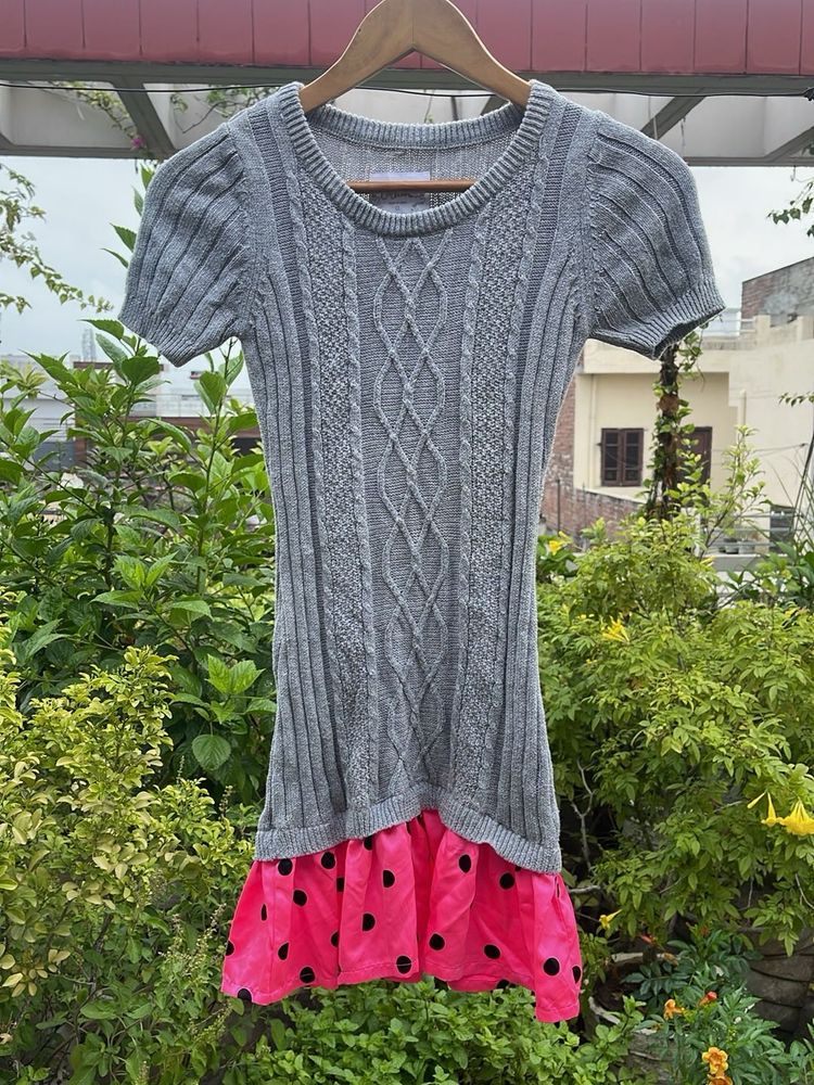 Gray Cable Knit Dress with Pink Polka Dot Skirt