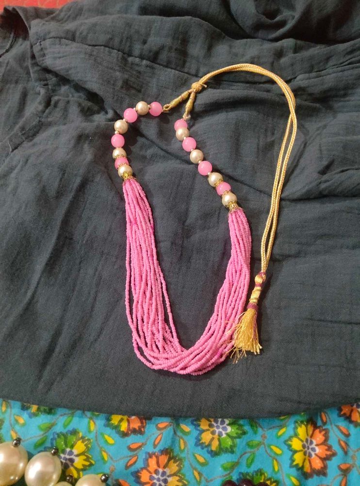 Pink Beaded Necklace with Tassel