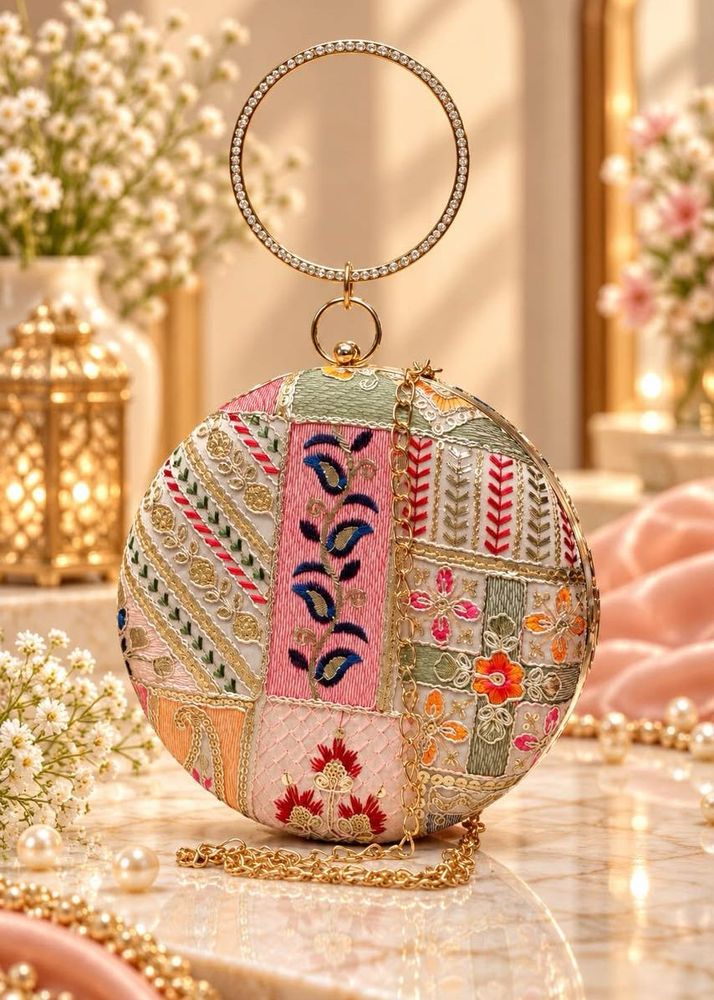 Round Embroidered Clutch Bag