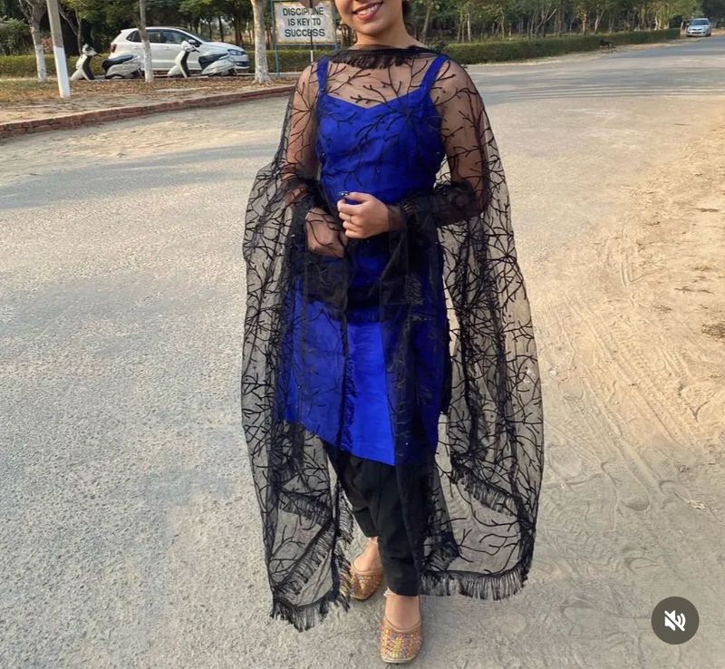 Blue Kurta Set with Black Dupatta
