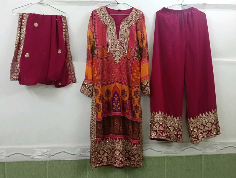 Embellished Kurta Set with Dupatta &amp; Palazzos