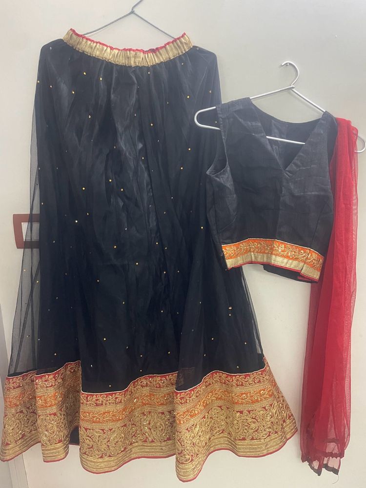 Embellished Black Lehenga Choli with Red Dupatta