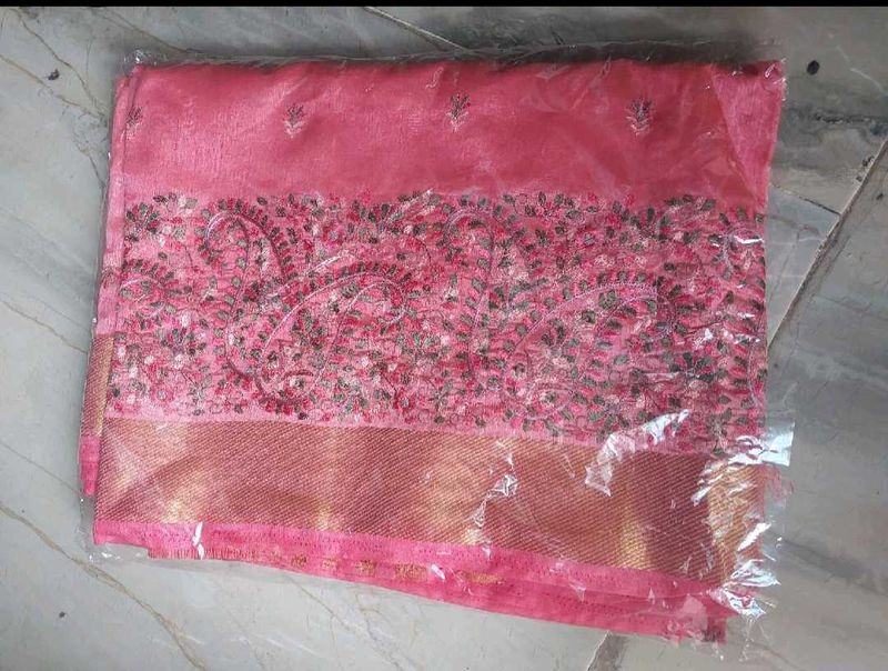 Elegant Pink Embroidered Saree New