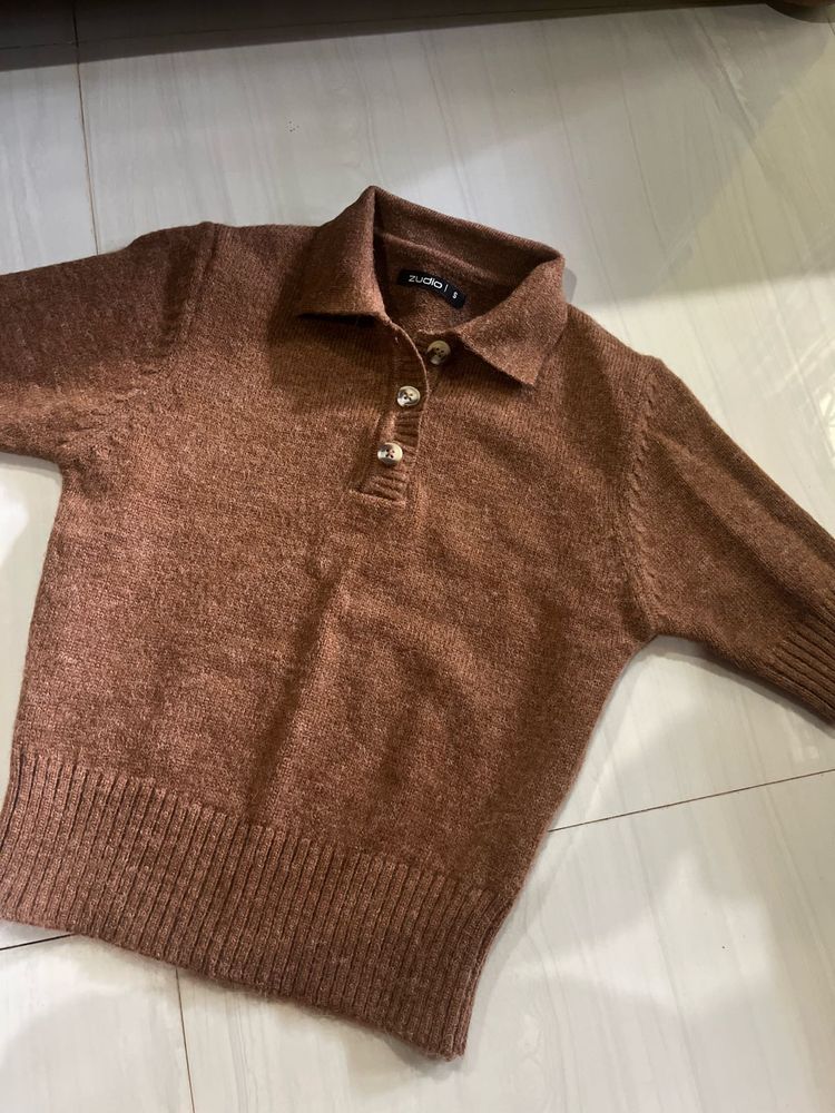Brown Knit Collared Sweater
