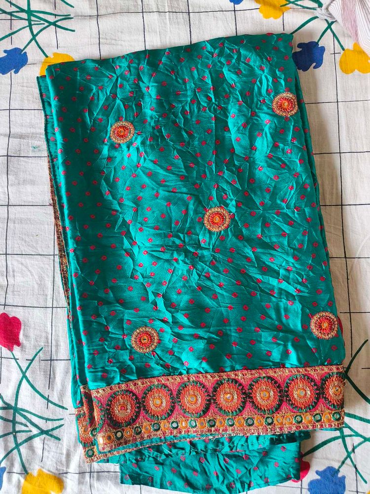 Teal Saree with Pink Dots &amp; Embellished Border
