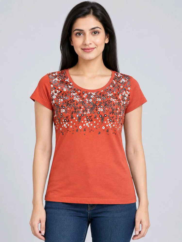 Orange Floral Print T-Shirt