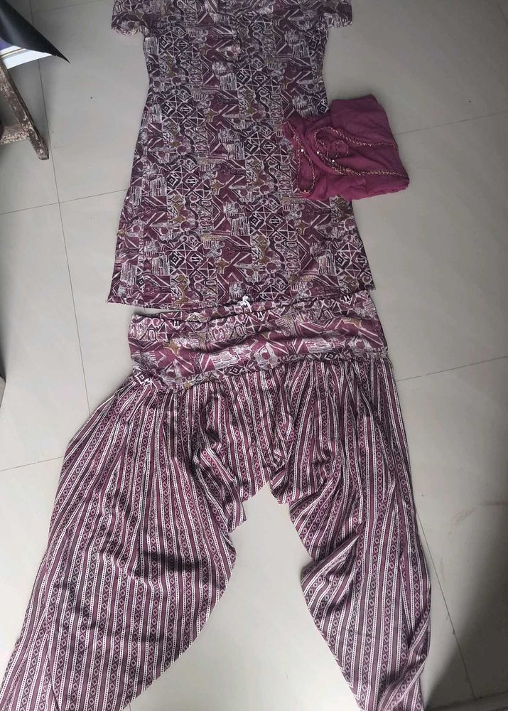 purple Printed Kurta Set with Dupatta