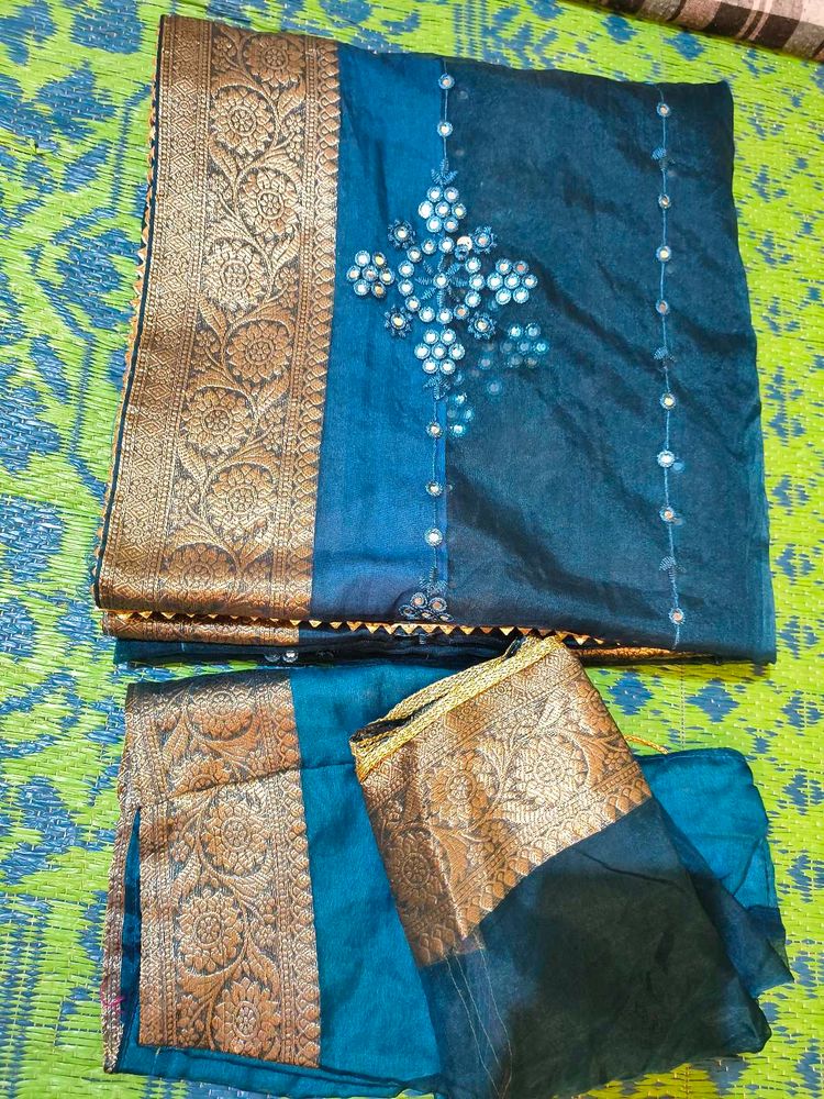 blue organza saree