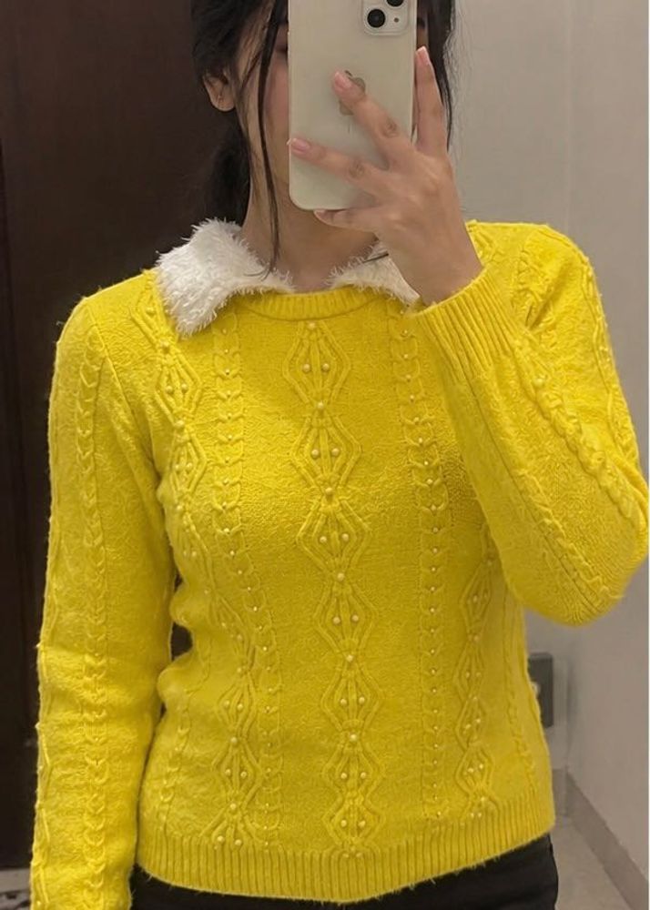 Bright Yellow Knit Sweater with Pearl Details